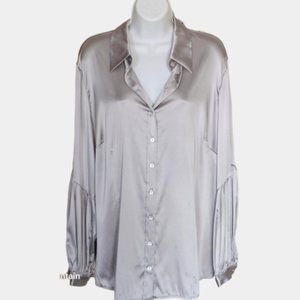 Vintage Madeleine Silver Gray Silk Plus Size Tailored Blouse Pleated Sleeves